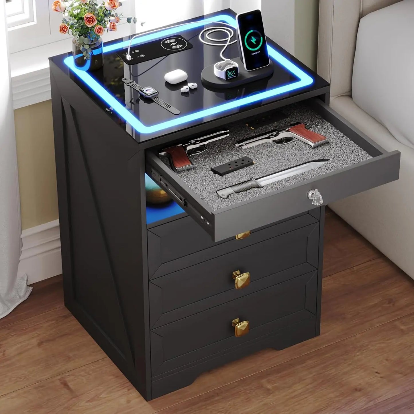 Minimalist Wooden Nightstand Set With Integrated Led Lights And Charger