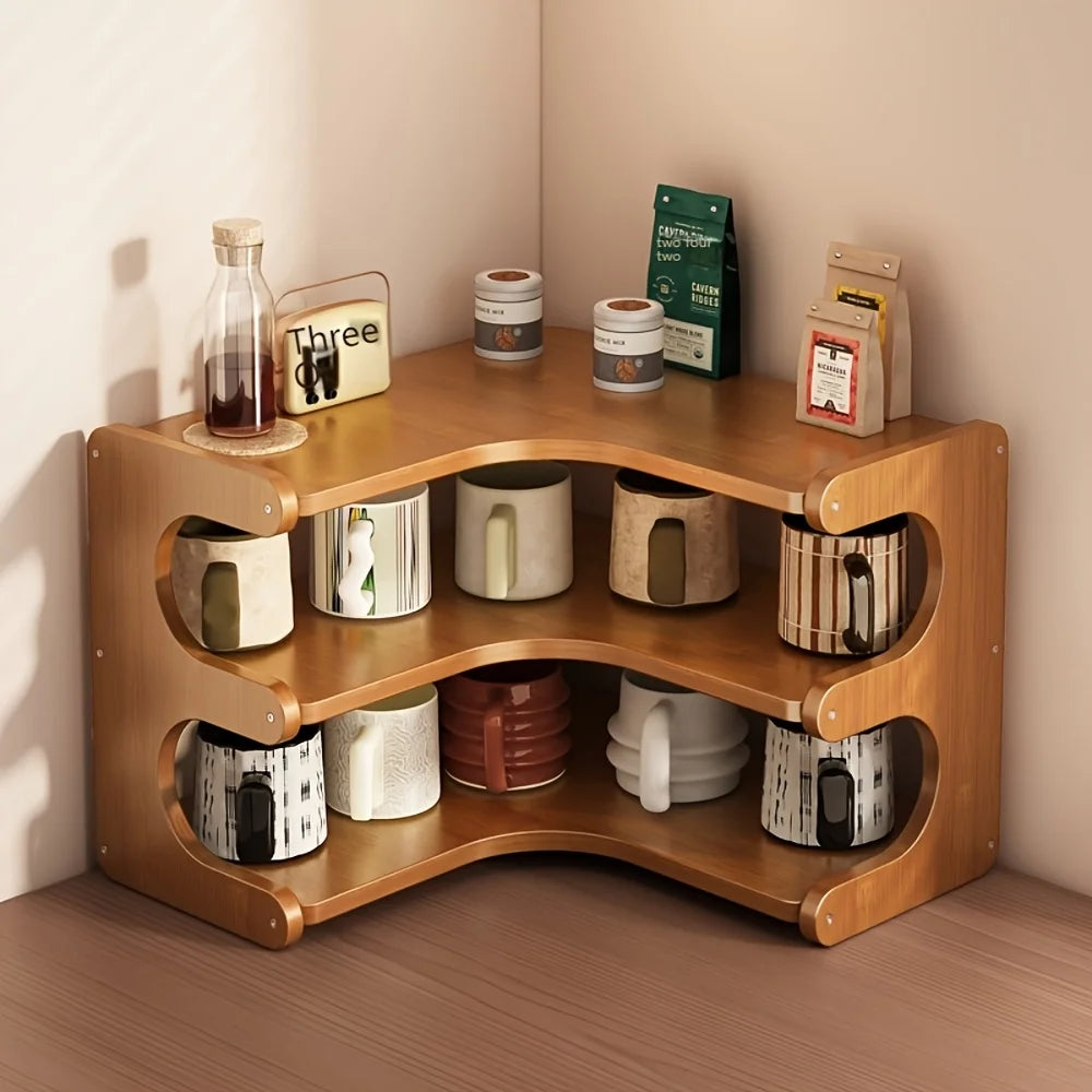 Multi Tier Wooden Corner Desk Shelf Organizer For Home Storage