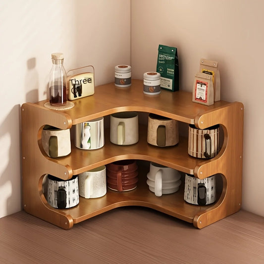 Multi Tier Wooden Corner Desk Shelf Organizer For Home Storage
