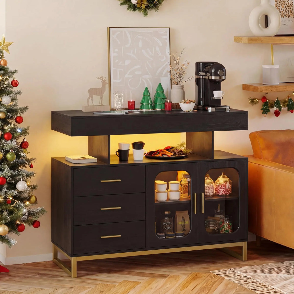 HiMiss Modern Sideboard With LED Lights And Charging Station