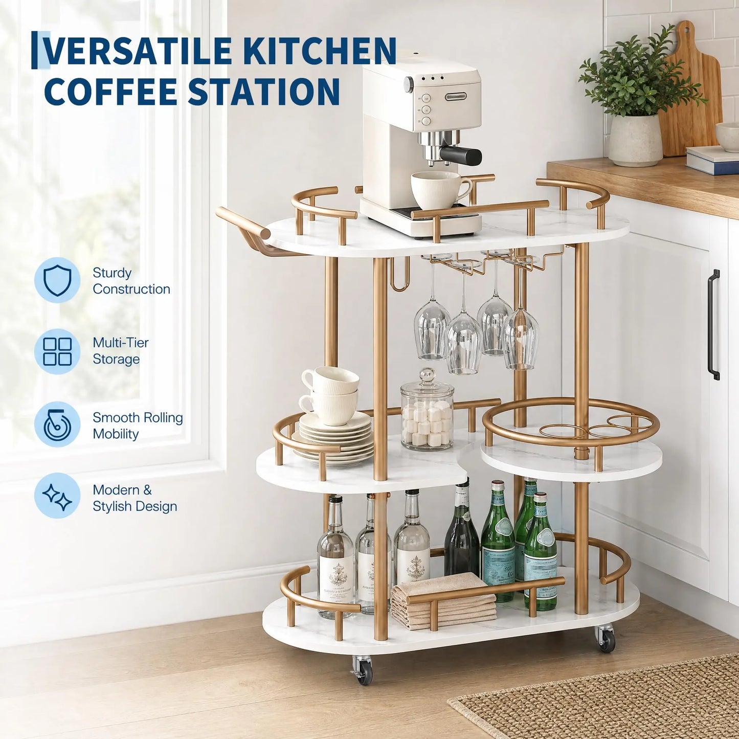 Himiss 3 Tier Rolling Bar Cart With Wine Rack And Glass Holder