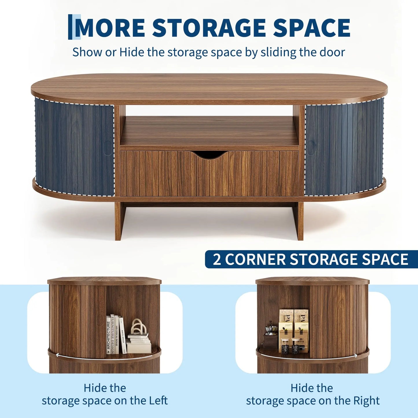 HiMiss Modern Fluted Wood Coffee Table With Storage Cabinet