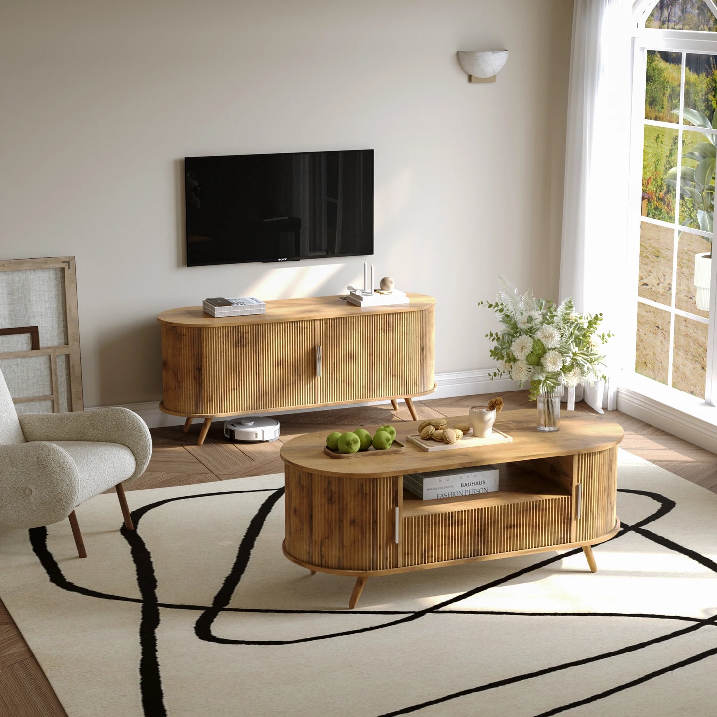 Modern Oval Coffee Table With Storage Drawer And Sliding Doors