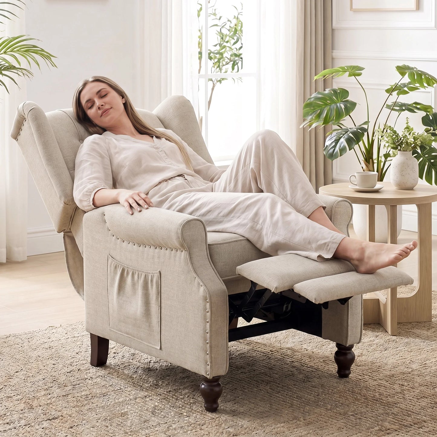 TCGBKAF Mid Century Wingback Massage Heated Recliner Chair Wooden Legs
