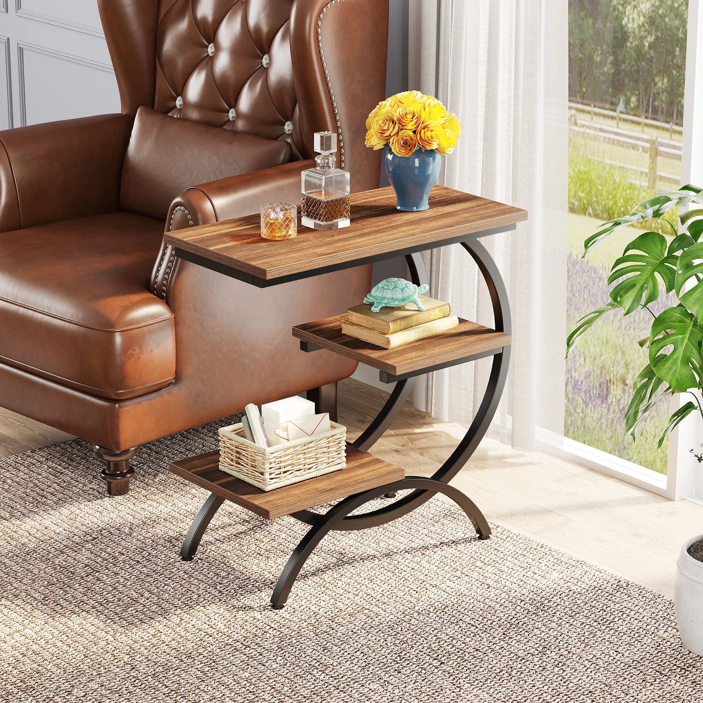 Tribesigns C Shaped End Table Industrial 3 Tier With Storage Shelves