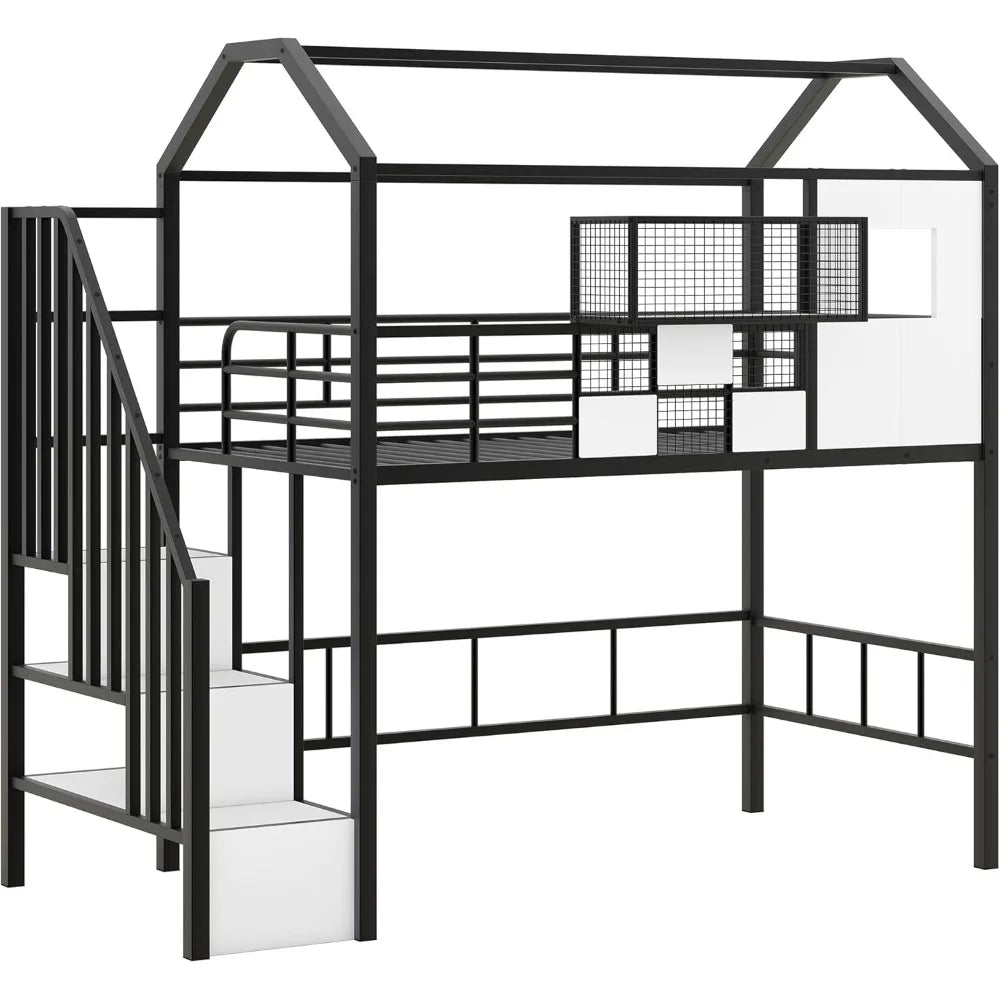 DAFIFY Twin Loft Bed With Stairs And Roof Metal Frame