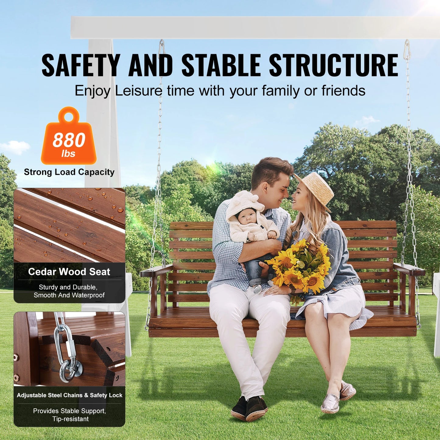 SucceBuy Cedar Wood Outdoor Porch Swing Bench For Garden
