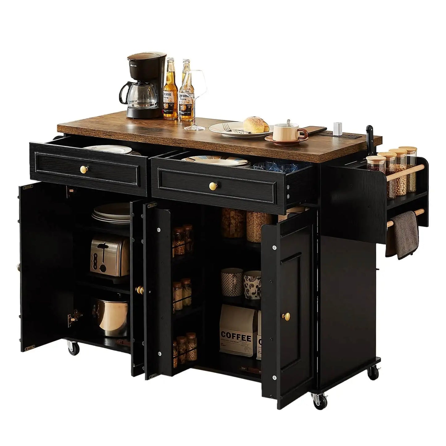 Mobile Wood Kitchen Island With Drop Leaf And Power Outlet