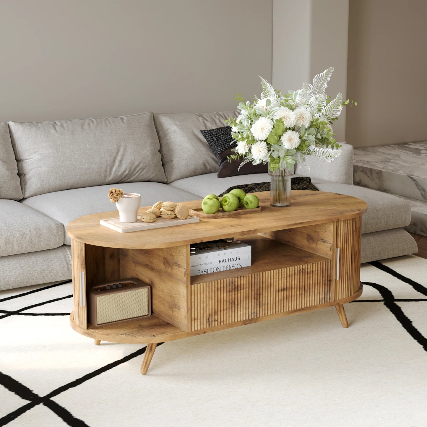 Modern Oval Coffee Table With Storage Drawer And Sliding Doors