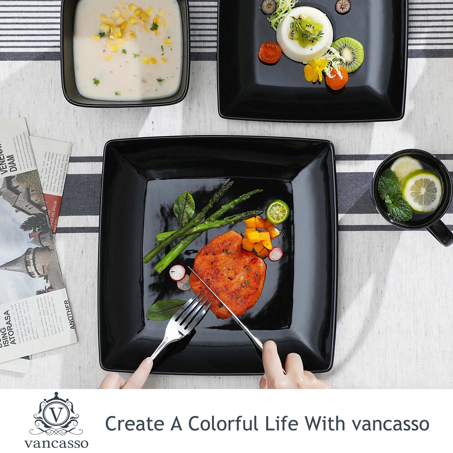 MALACASA SOHO Porcelain Square Dinnerware Set For Everyday Use