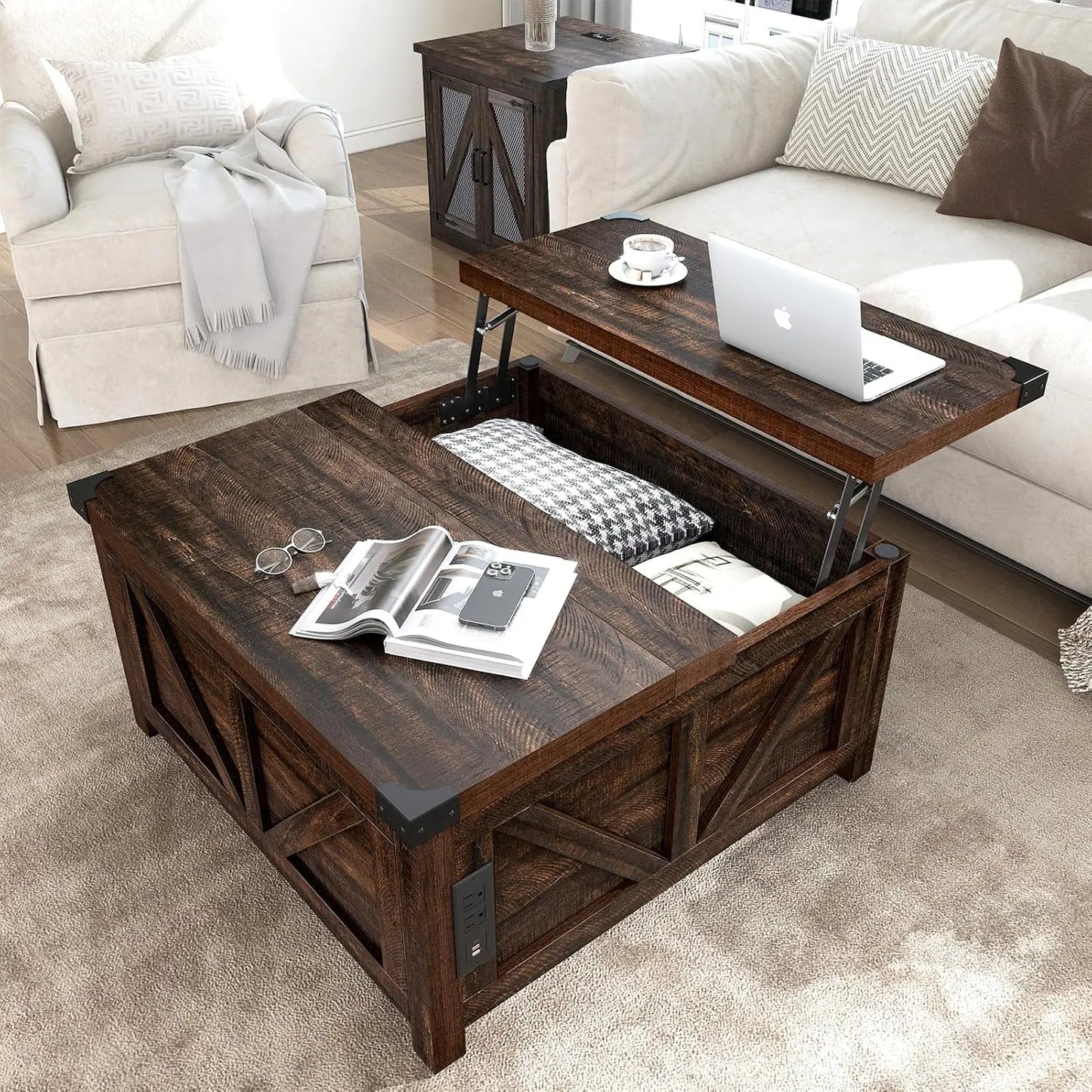 HUANZHUANG Wood Square Coffee Table With Storage And Charging Station