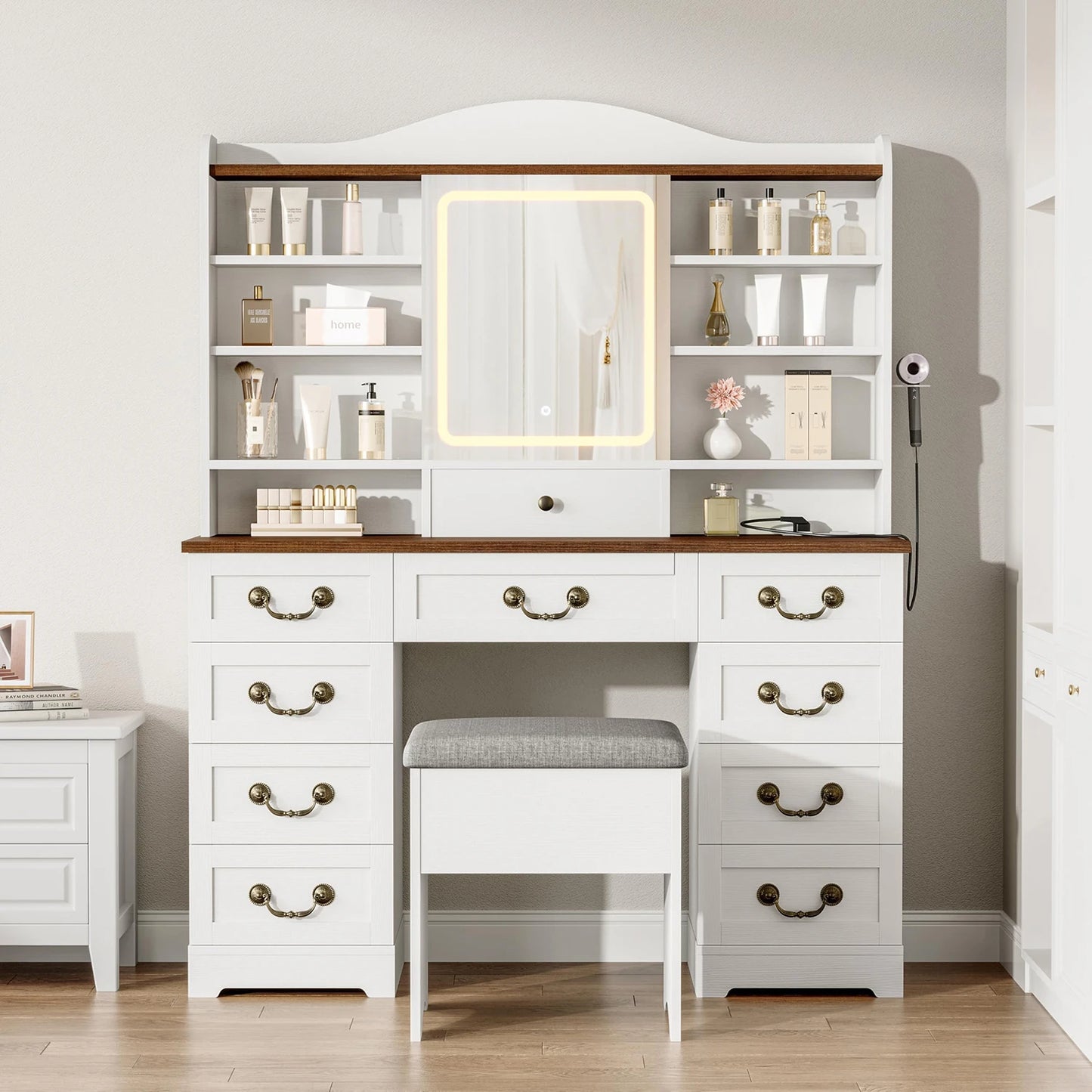 HiMISS Wooden Vanity Desk With Led Mirror And Storage Drawers
