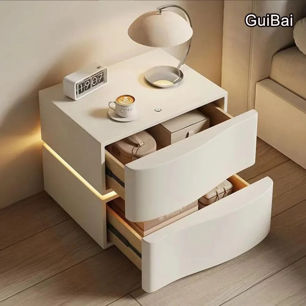 MOYU Solid Wood Nightstand with LED Strip Drawer Bedside Table