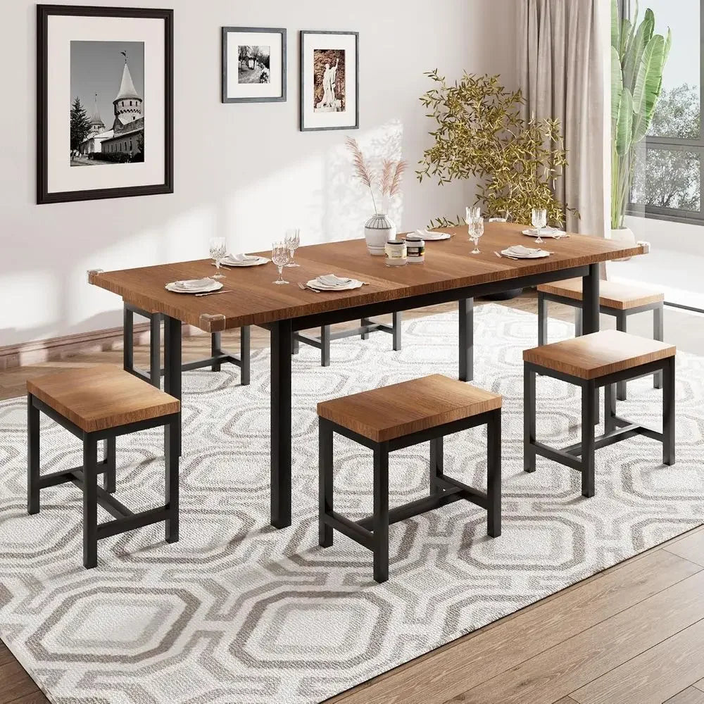 Modern Seven Piece Dining Table Set With Six Cushioned Stools