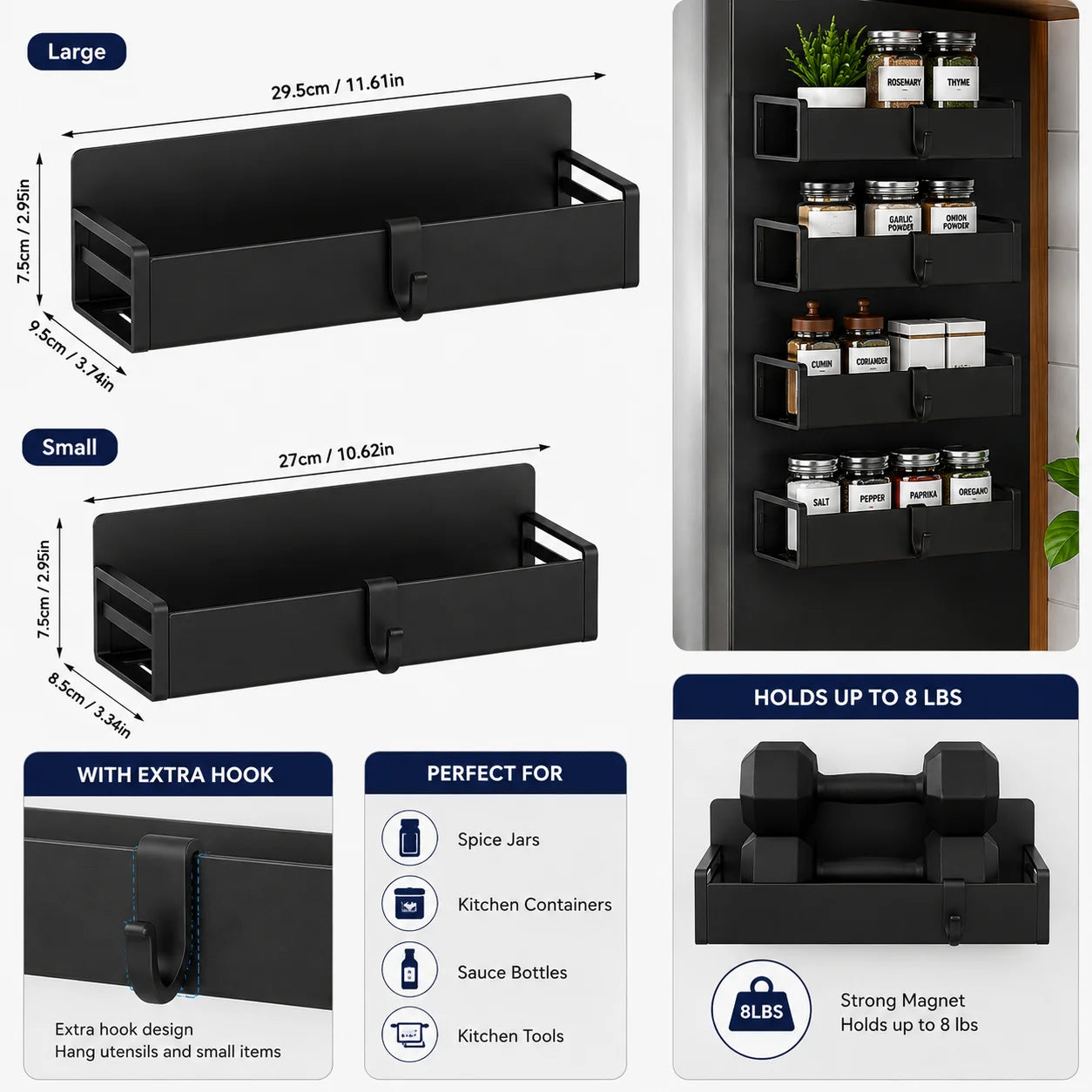 Magnetic Stainless Steel Fridge Spice Rack Organizer Set With Hooks