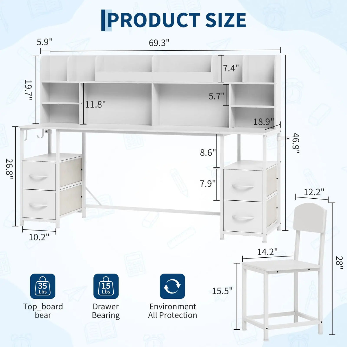 HiMISS Double Kids Desk And Chair Set With Hutch Storage
