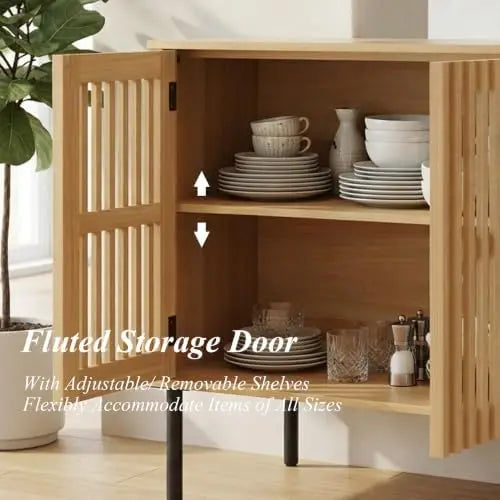 Mid Century Fluted Sideboard Buffet Cabinet With Solid Wood Storage