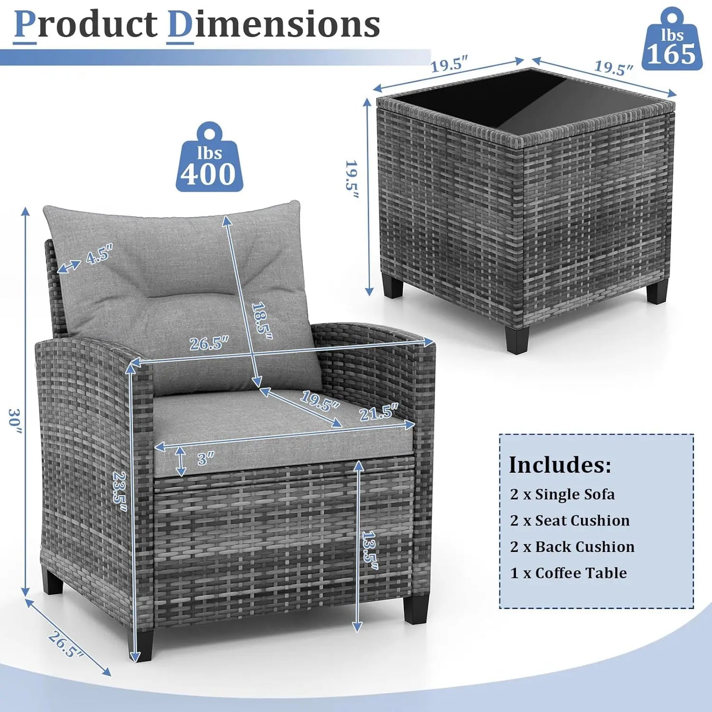 Three Piece Outdoor PE Rattan Patio Set With Glass Tabletop
