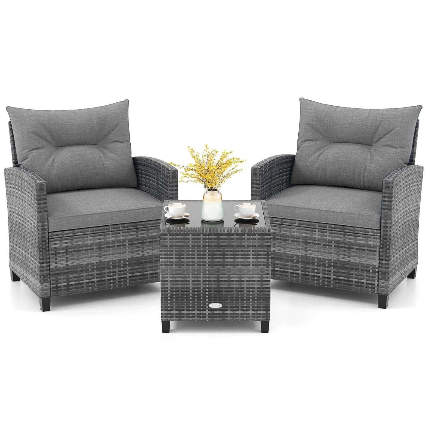 Three Piece Outdoor PE Rattan Patio Set With Glass Tabletop
