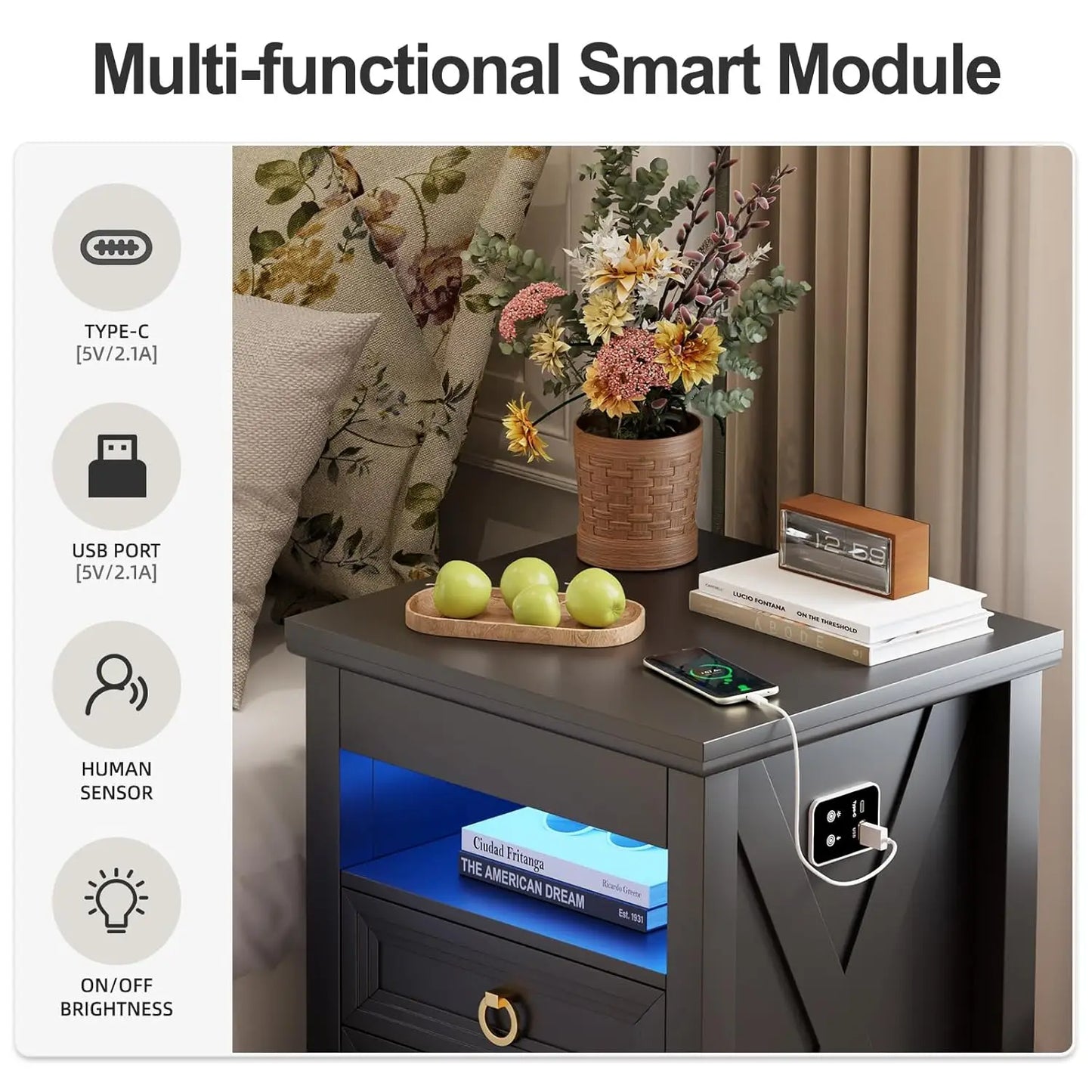 Minimalist Wooden Nightstand Set With Integrated Led Lights And Charger