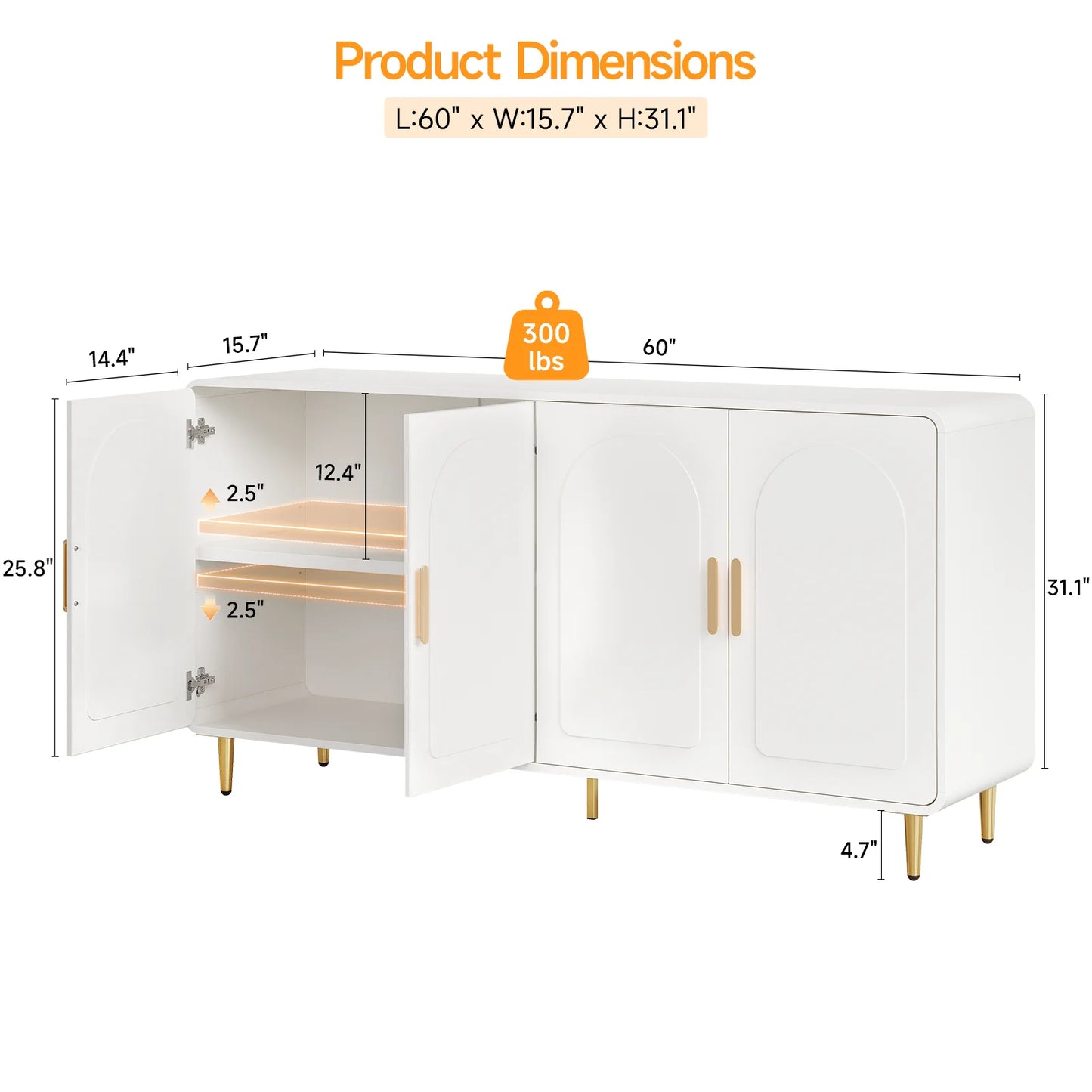 Onbrill Modern Sideboard Buffet Cabinet Featuring Adjustable Storage Shelves