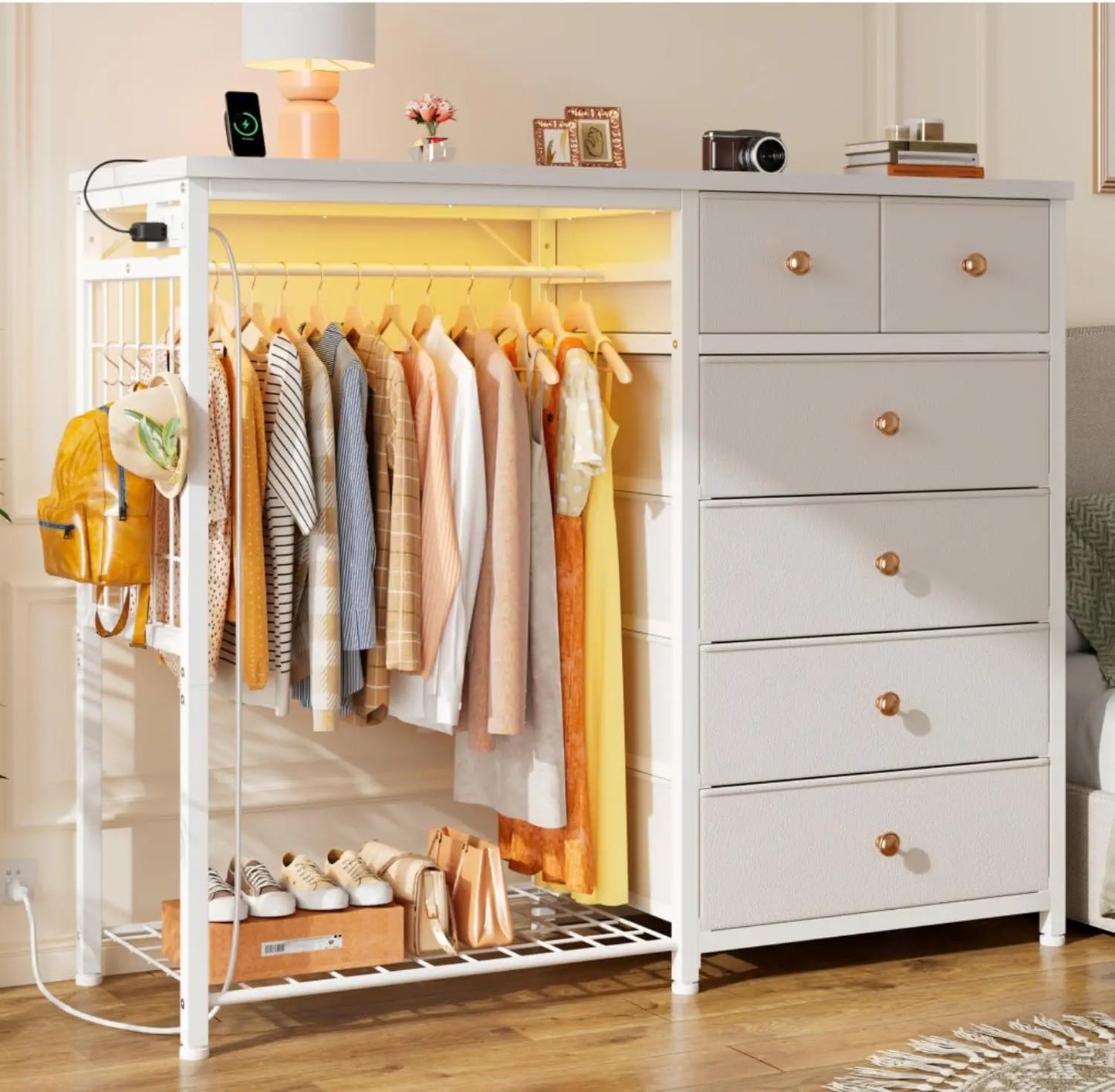 Modern Dresser With Hanging Rack And LED Lights Charging Station