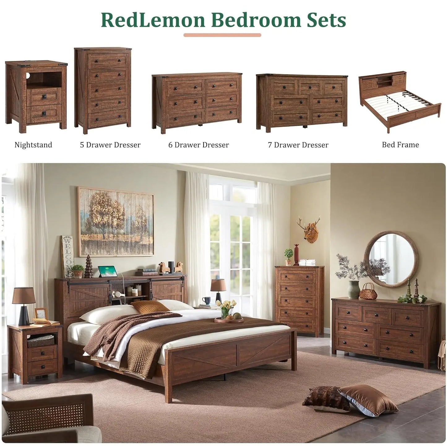 Farmhouse 5 Drawer Dresser In Rustic Wood For Bedroom