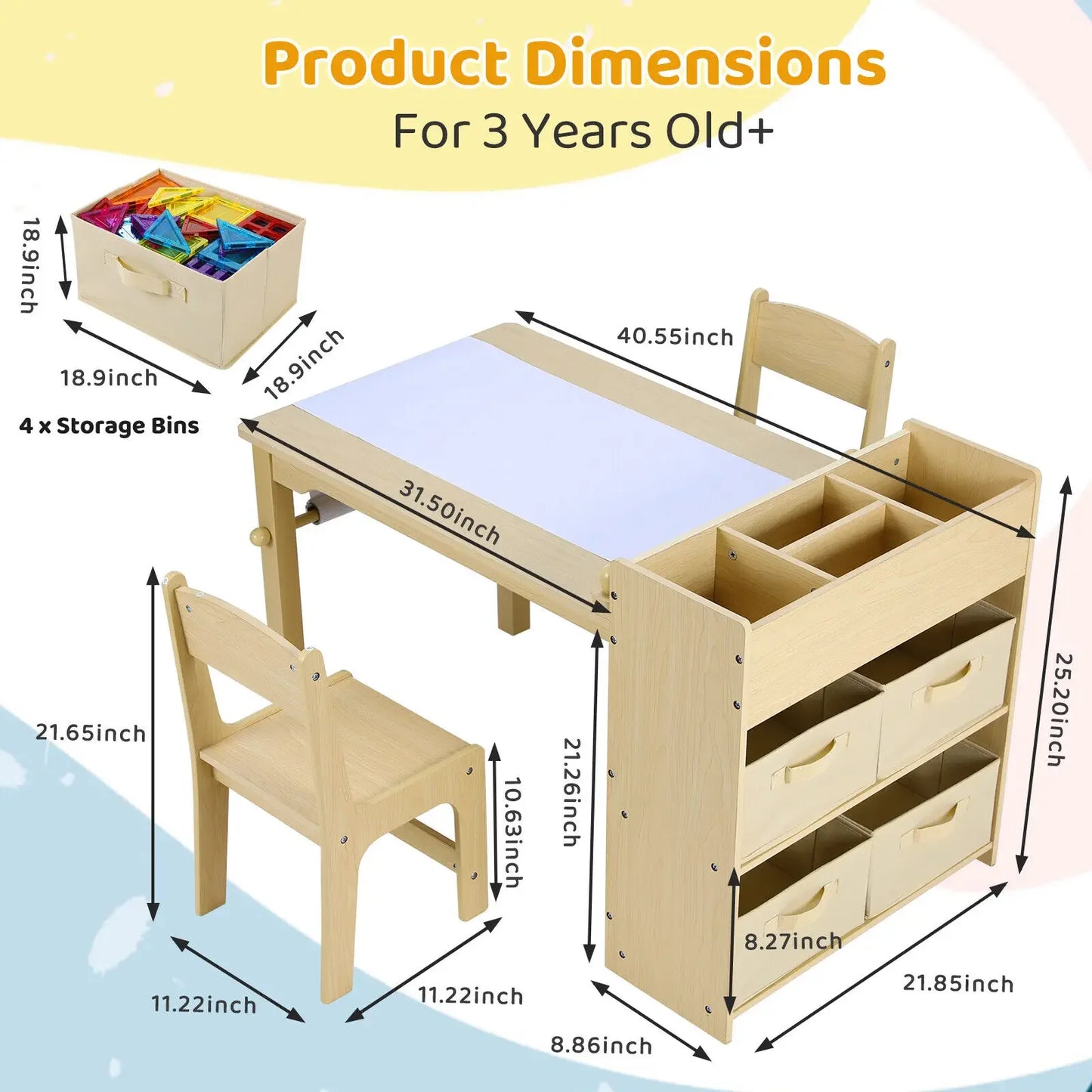 AuAg Kids Art Table And Chair Set With Storage Shelves Canvas Bins