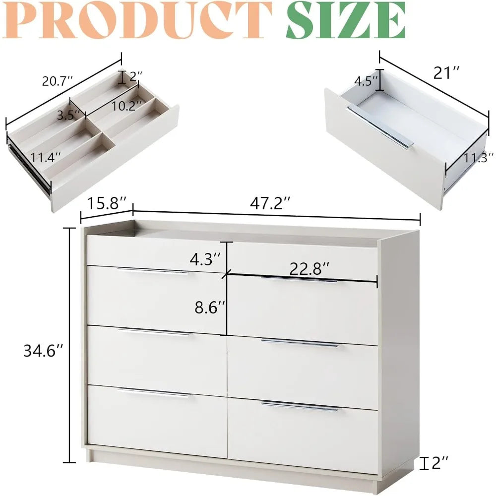 Modern High Gloss 8-Drawer Dresser with LED Lighting, Glass Top and 2 Six-Grid Jewelry Drawers
