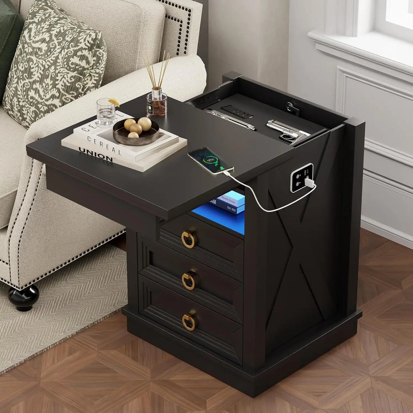 Minimalist Wooden Nightstand Set With Integrated Led Lights And Charger