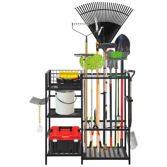3-Tier Steel Garden Tool Organizer Rack With Shelves and Hooks