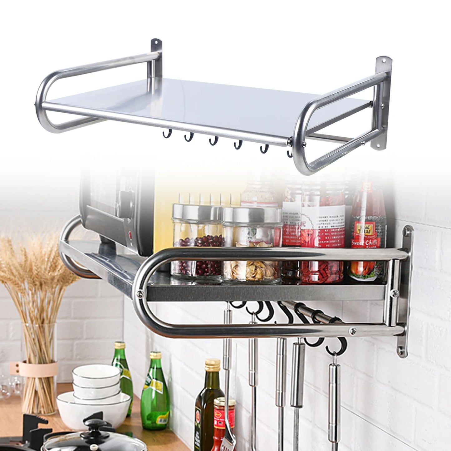 Stainless Steel Wall Mounted Microwave Oven Rack Kitchen Shelf