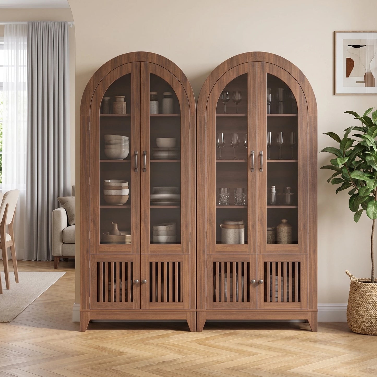 TCGBKAF Modern Farmhouse Arched Display Cabinet With Adjustable Wooden Shelves