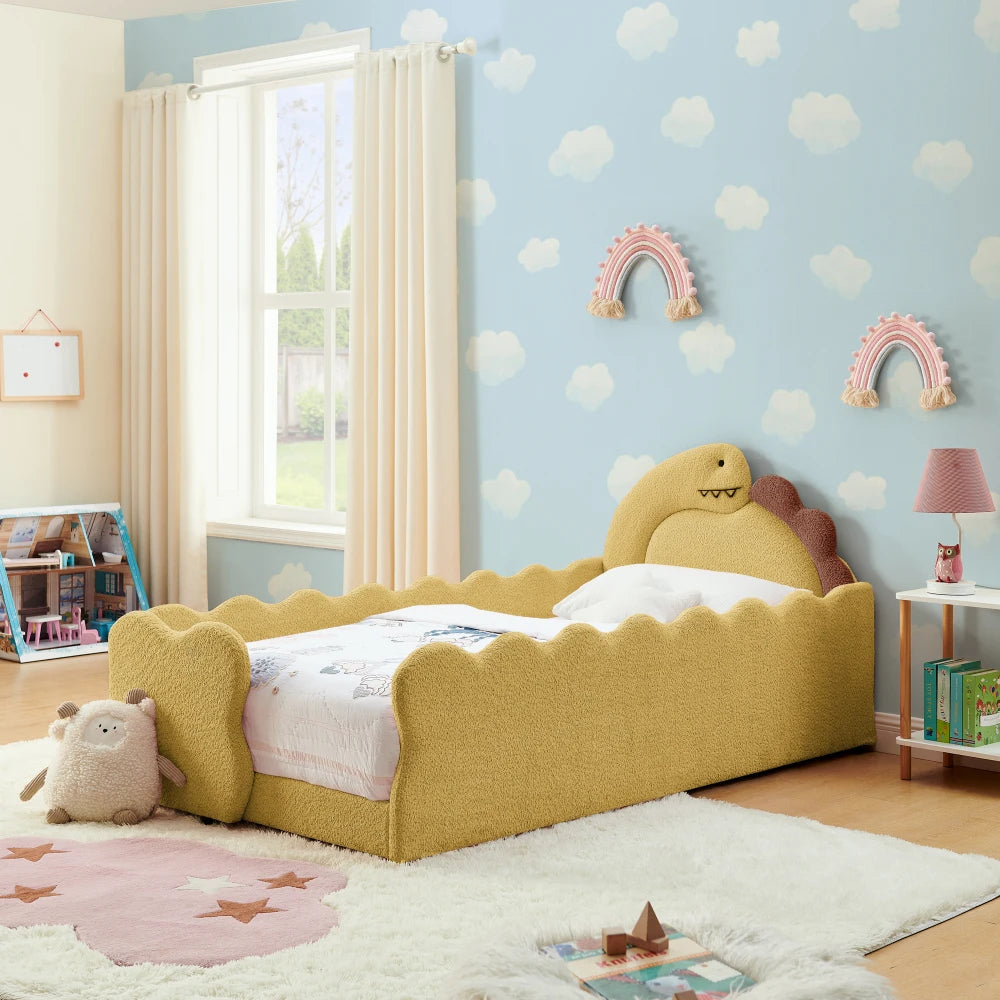 Dinosaur Shaped Kids Bed Frame With Safety Guard Rails Solid Wood