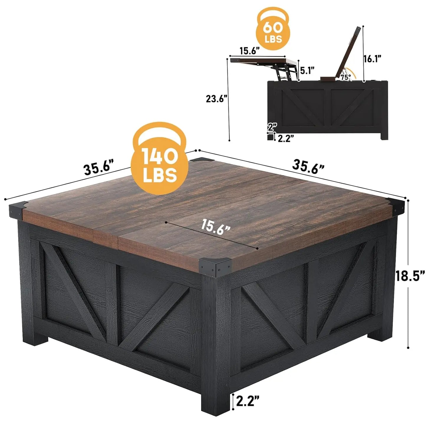 HUANZHUANG Wood Square Coffee Table With Storage And Charging Station