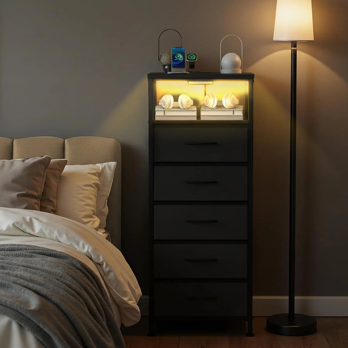 JHK Modern 5 Fabric Drawer Dresser With Charging Station
