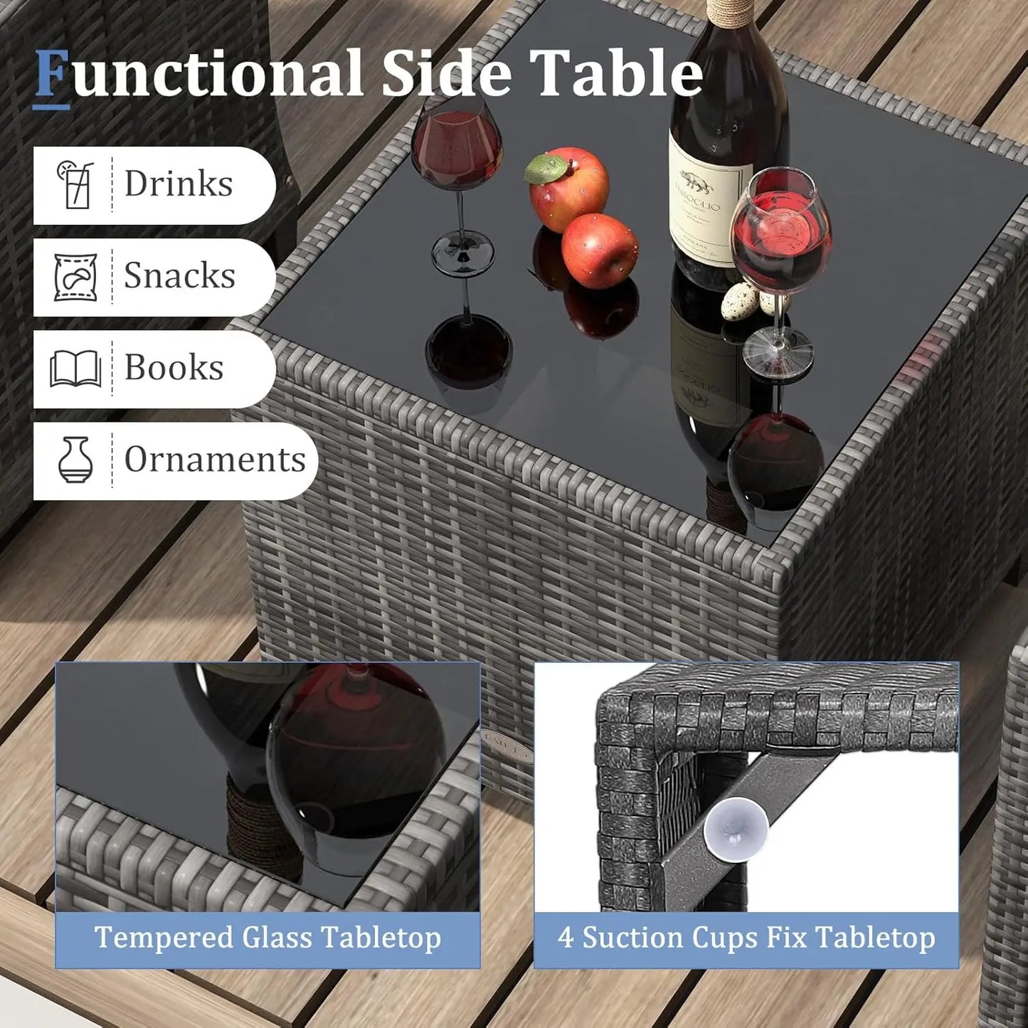 Three Piece Outdoor PE Rattan Patio Set With Glass Tabletop