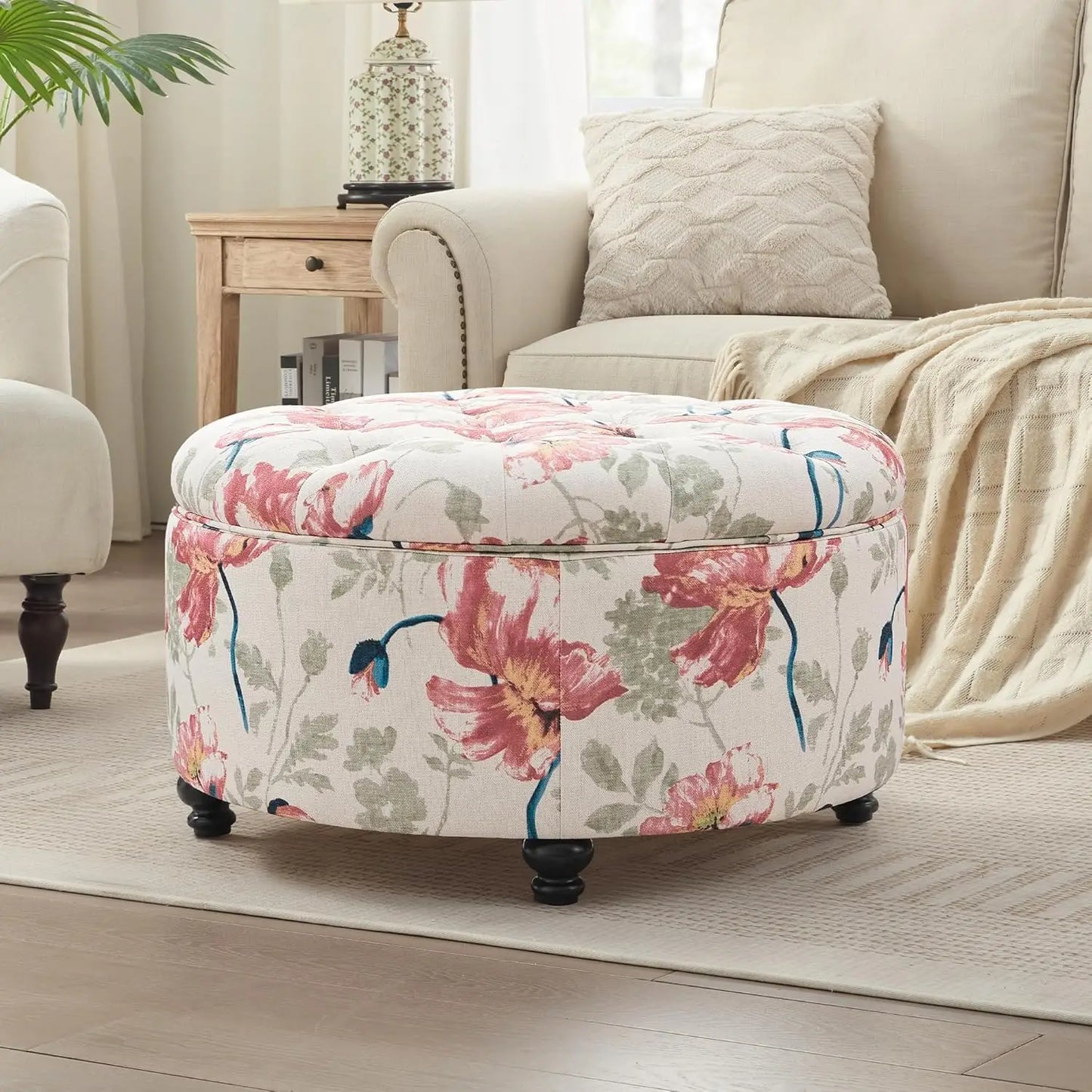 Round Tufted Storage Ottoman With Removable Top Coffee Table