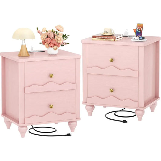 Nightstand With Charging Station Set Of 2 Scalloped Bedside Table