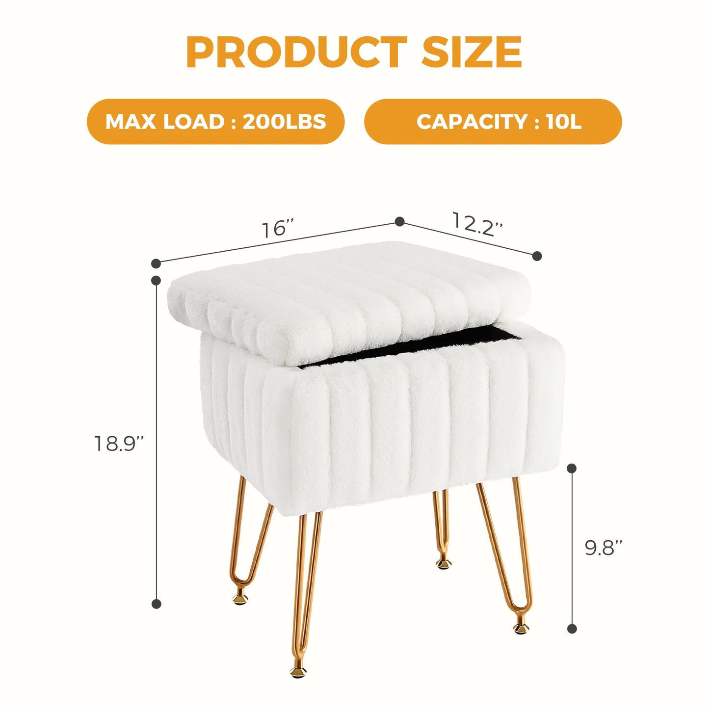 JHK Modern Faux Fur Storage Ottoman With Metal Legs