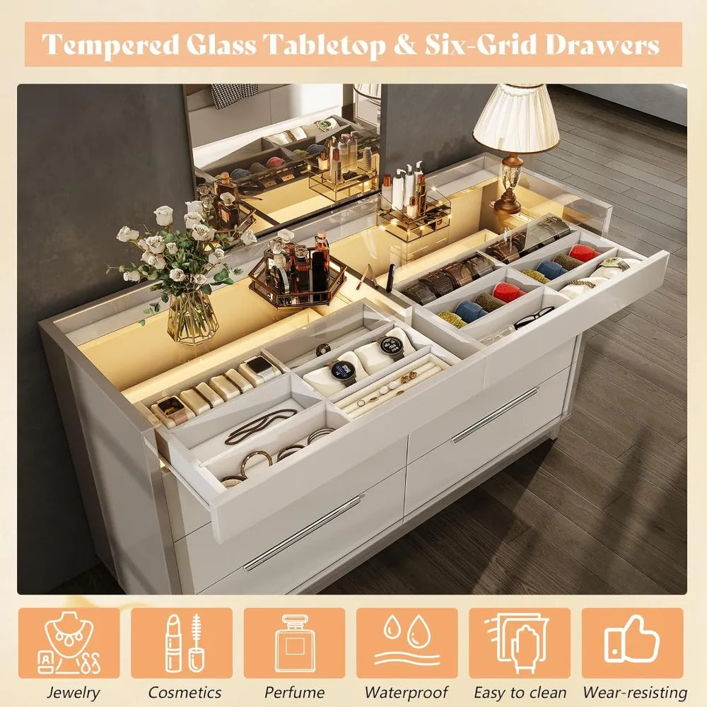 Modern High Gloss 8-Drawer Dresser with LED Lighting, Glass Top and 2 Six-Grid Jewelry Drawers