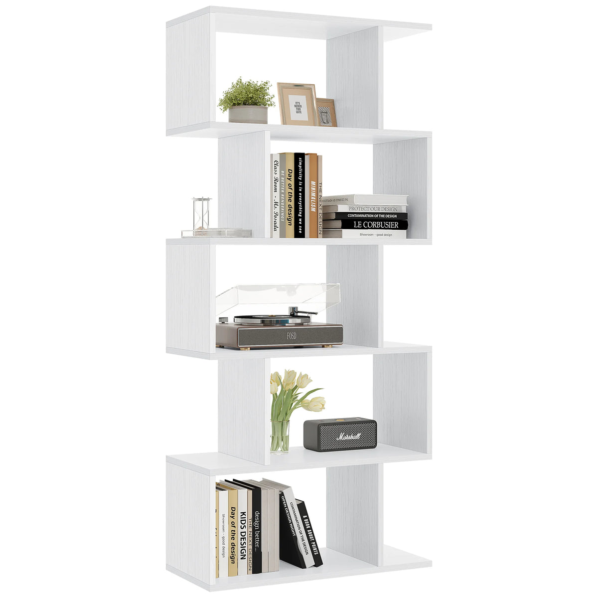 JHK Geometric S Shaped Five Tier Wooden Display Bookshelf