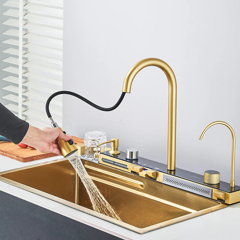 Brushed Golden Smart Digital Display Kitchen Sink Set With Waterfall Faucet