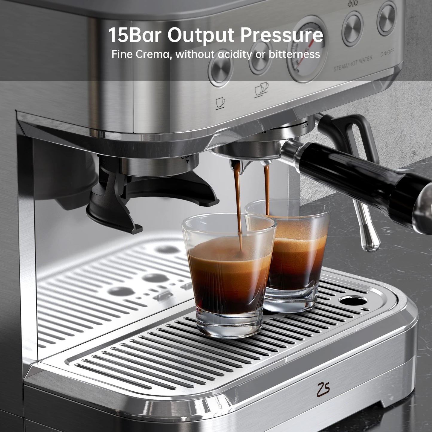 Acekool Espresso Machine With Grinder And Milk Frother, Stainless Steel, 15 Bar