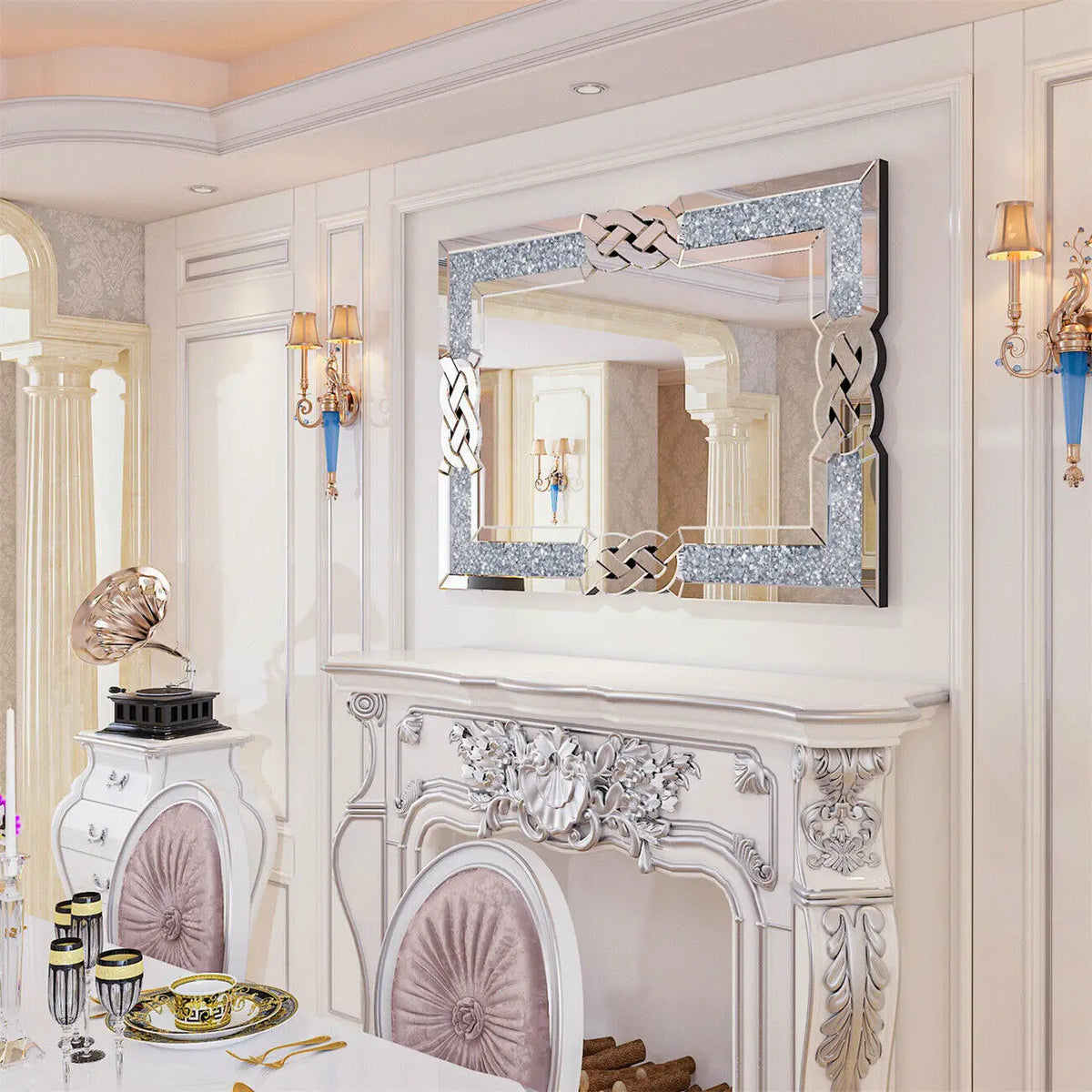 LUVODI Silver Crystal Crush Glass Decorative Wall Mirror
