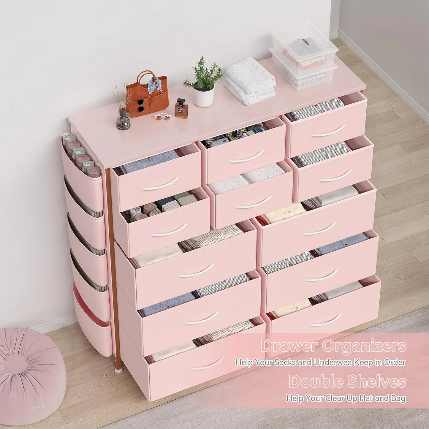 12 Drawer Dresser For Bedroom With Fabric Storage And Easy Pull Handle