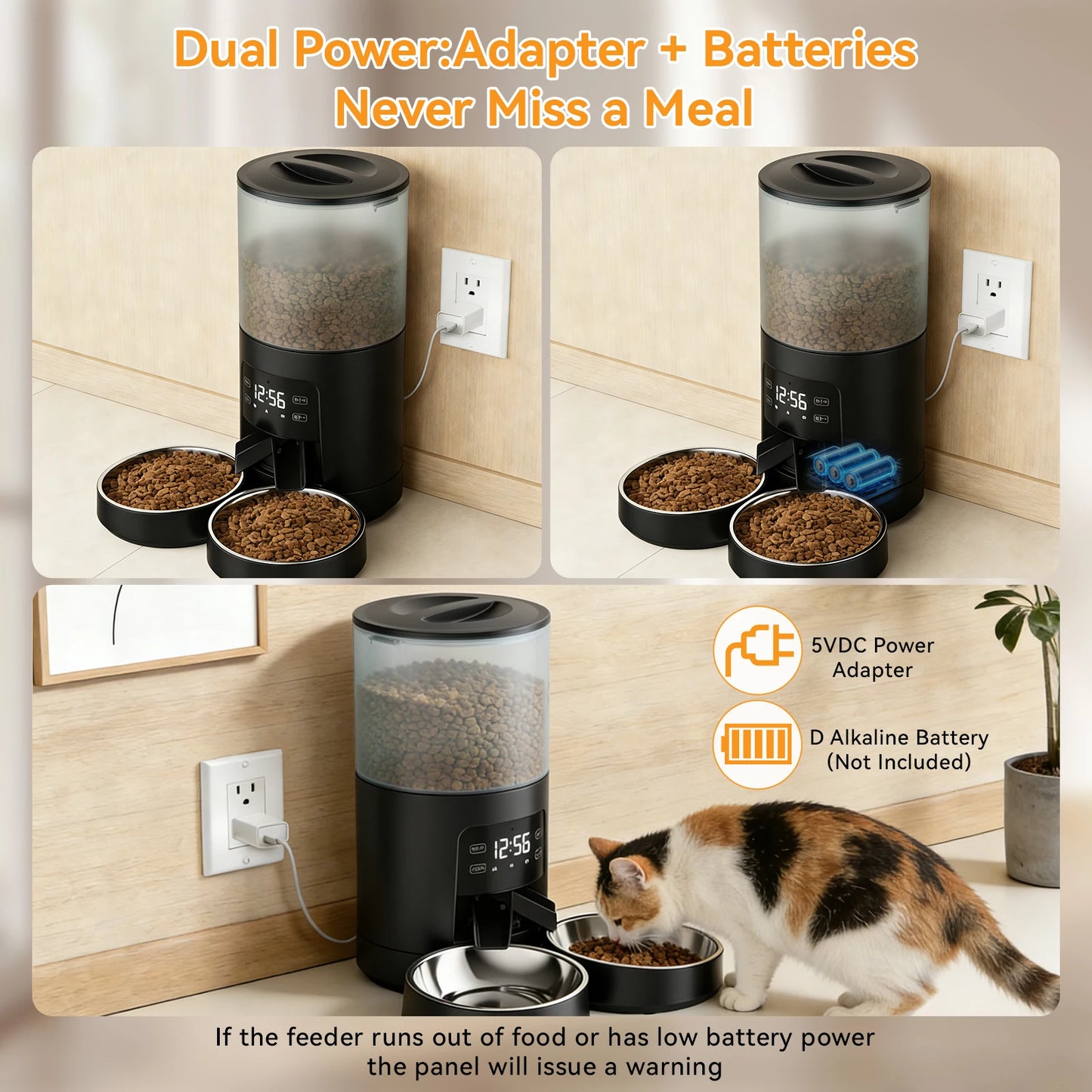 Automatic Cat Feeder With Dual Power Supply And Stainless Bowls