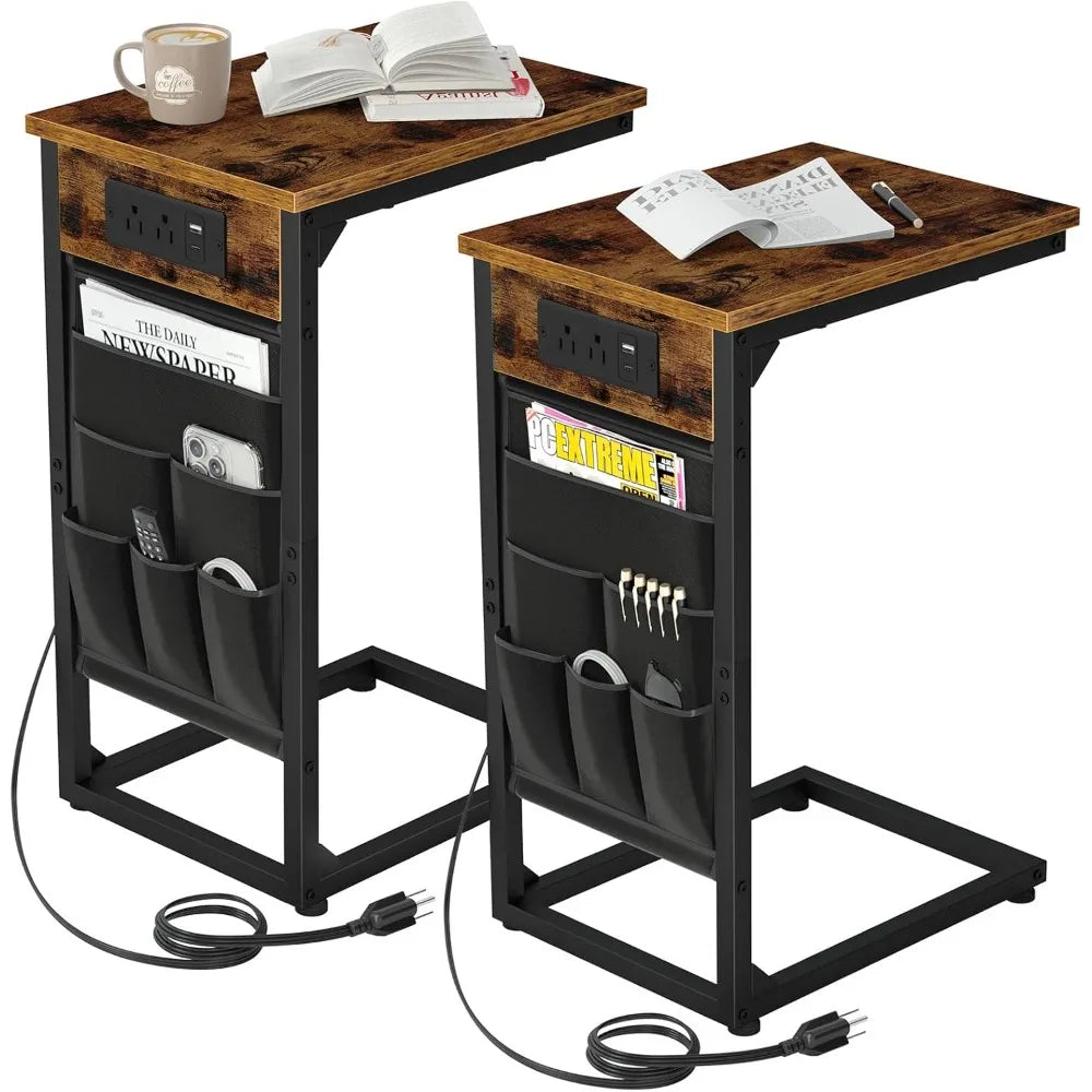 XIUWO C Shaped End Table With Charging Station Storage