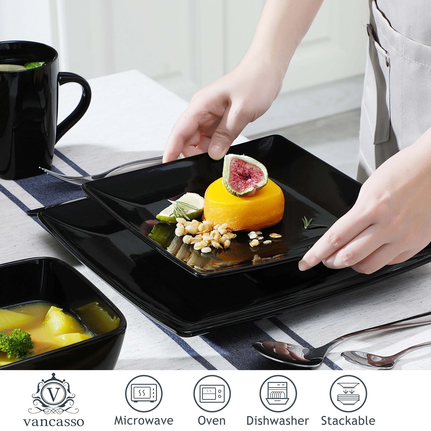 MALACASA SOHO Porcelain Square Dinnerware Set For Everyday Use