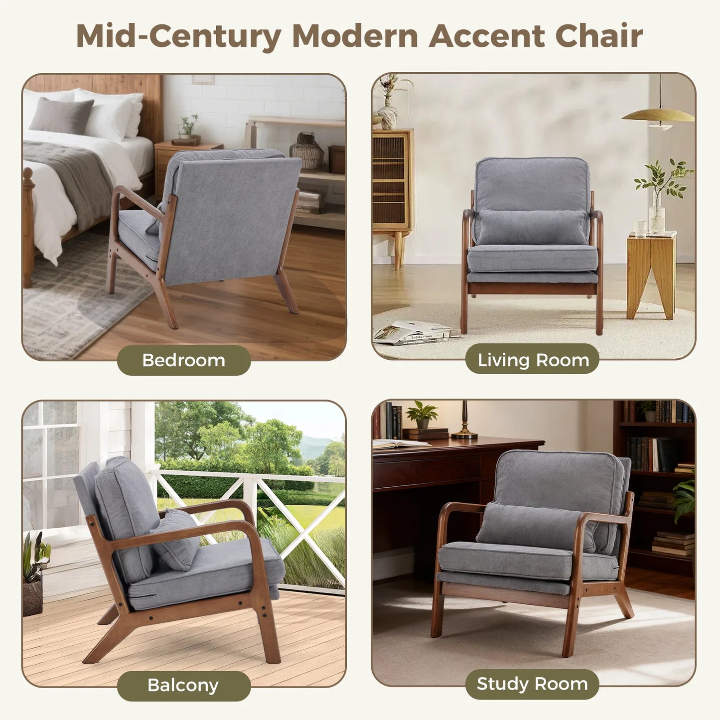 JHK Mid Century Modern Wooden Accent Chair With Comfort Cushion